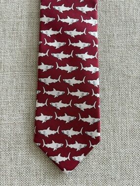 Josh Bach Shark Print Silk Tie Red Novelty Necktie Made in NYC 3.25